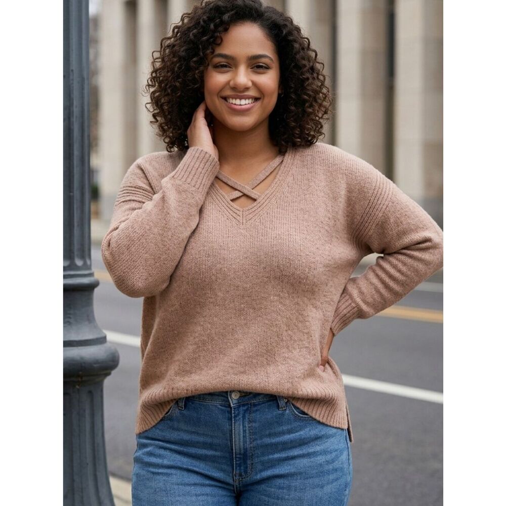 Moral Fiber Champagne Pink Criss-Cross V-Neck Sweater 1X (18/20) Plus Relaxed
